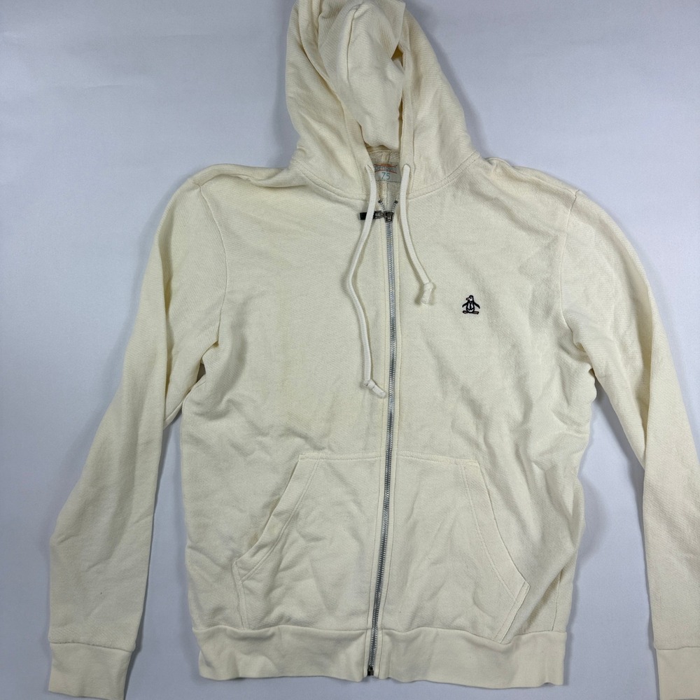 Original Penguin Full Zip Hoodie Mens Large Cream Off White Sweatshirt Logo